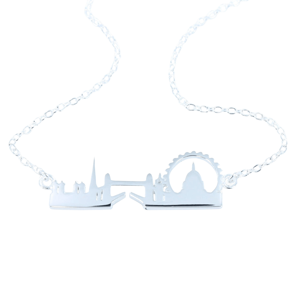 Sterling Silver London Skyline Necklace sat centrally on a fine silver chain.