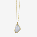 A moonstone stone necklace, set in gold plating and hanging on a gold plated box style chain.