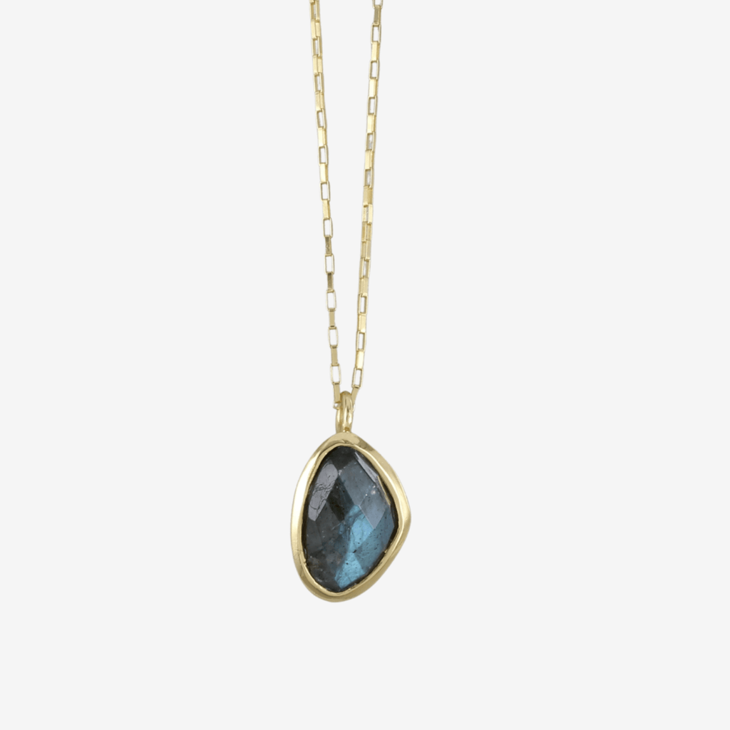 A Labradorite semi precious stone necklace with a gold plate box chain.