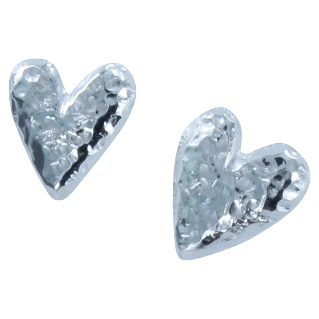 A pair of heart stud earrings in sterling silver with a hammered finish.