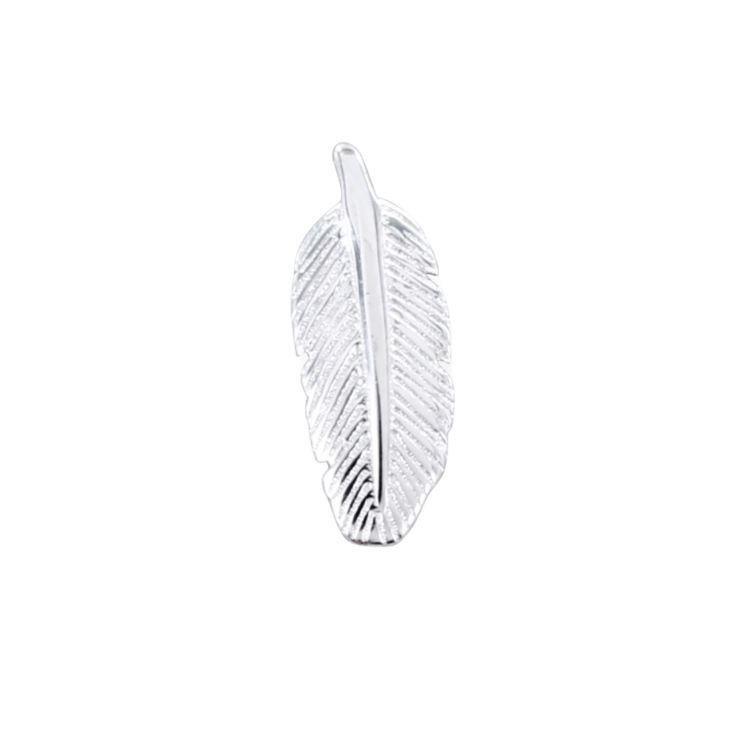 A sterling silver feather-shaped stud earring with a high shine finish. Sold singularly for a men's or unisex stud earring.
