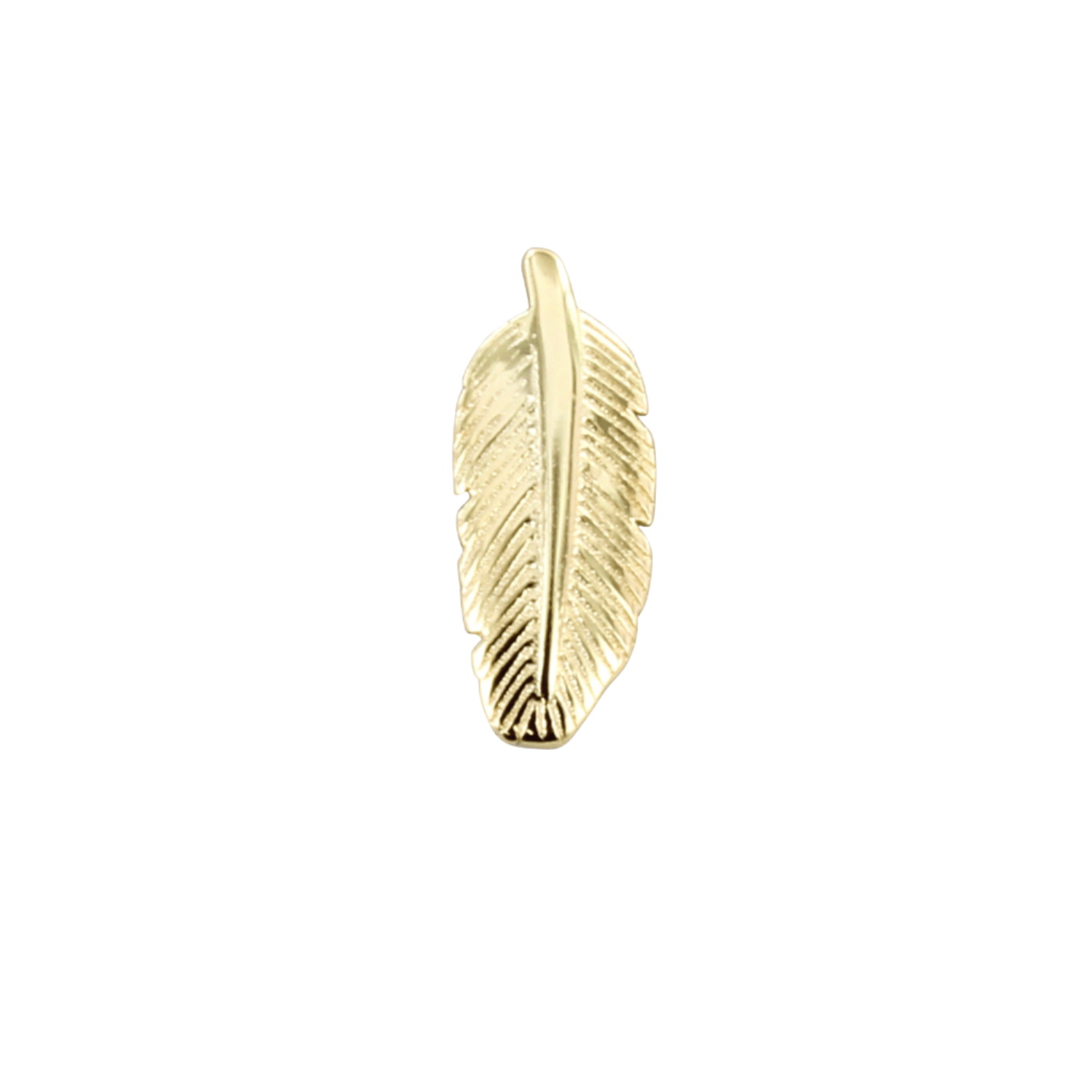A gold plated feather shaped stud earring, shown singularly for a men's or unisex stud earring.