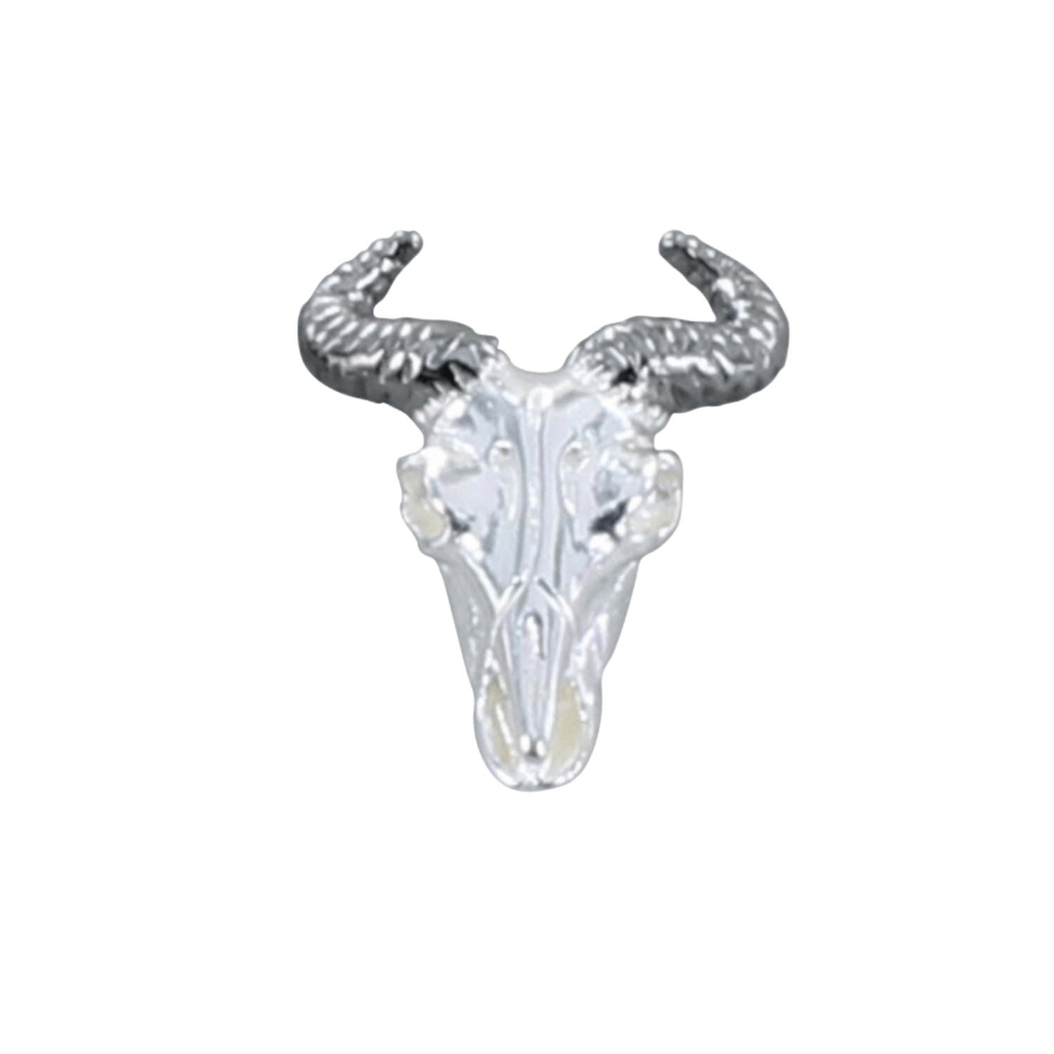 A wildebeest skull stud earring in silver with black ruthenium horns. Sold singularly for a men's stud.