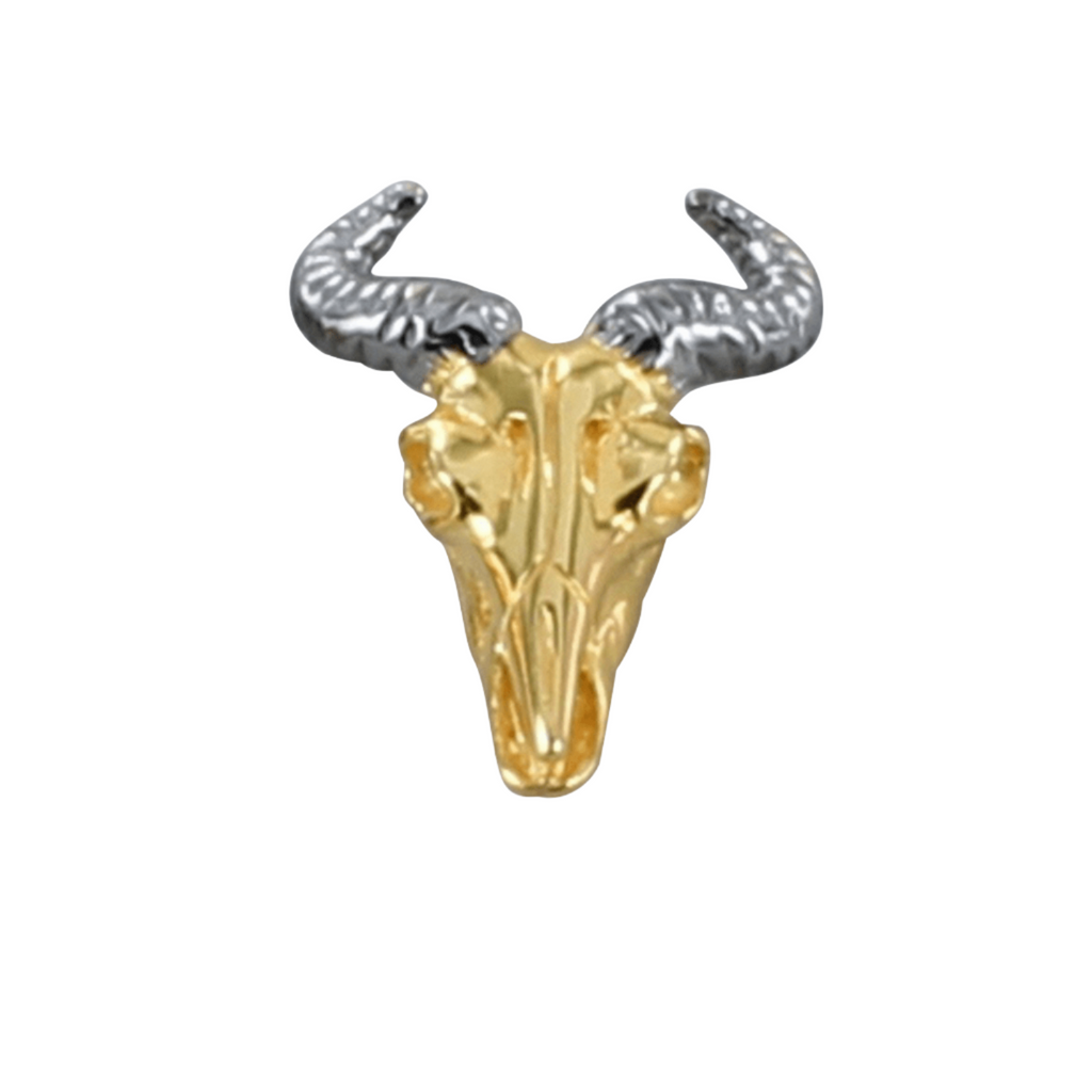 Silver and gold plated Wildebeest skull stud with black ruthenium horns. Sold singularly as a men's earring.