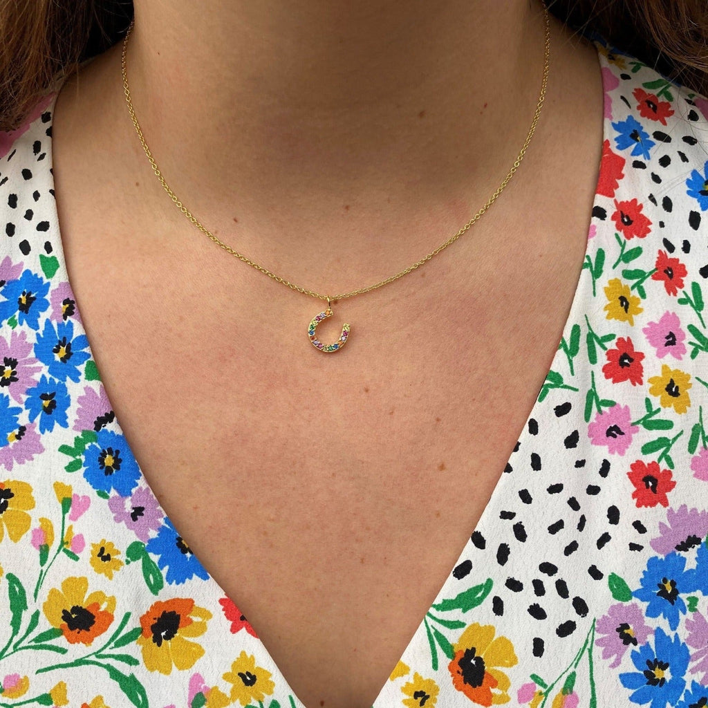 Silver and gold plate horseshoe necklace with colourful cubic zirconia stones worn on a model.