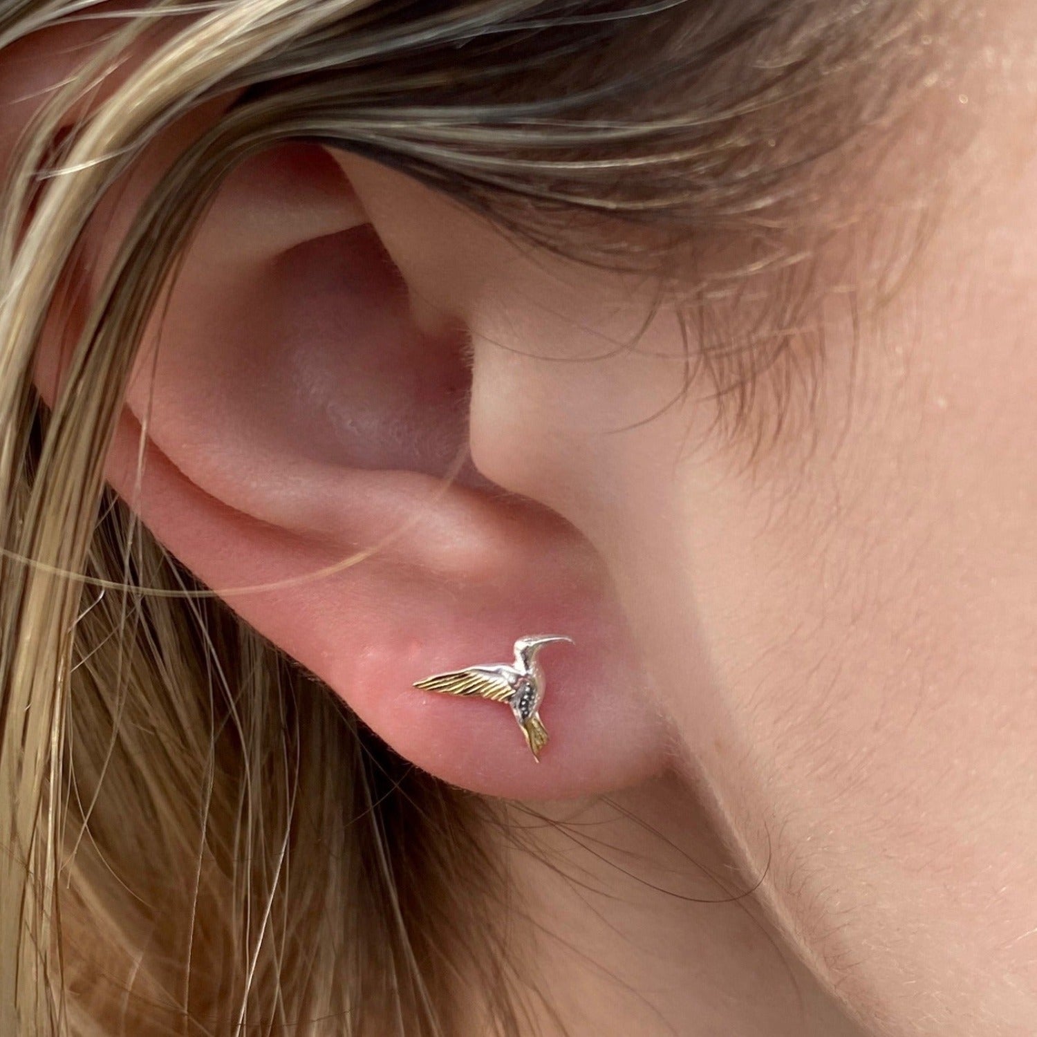 A sterling silver Hummingbird stud earring with 18ct gold plating, shown in a ladies ear.