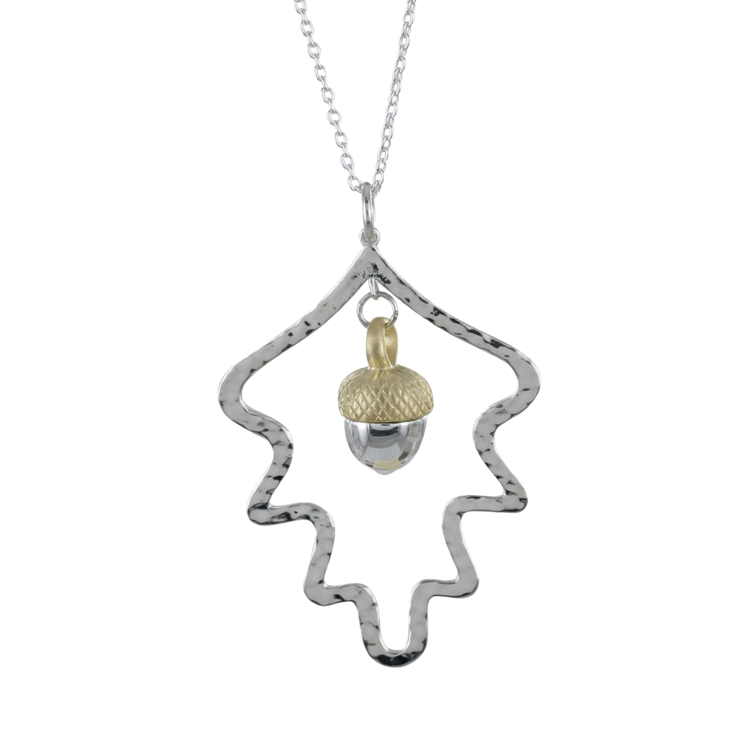 A sterling silver large oak leaf silhouette with an acorn hanging inside. The acorn has an 18ct gold plate top to it and the design hangs from an adjustable silver chain.
