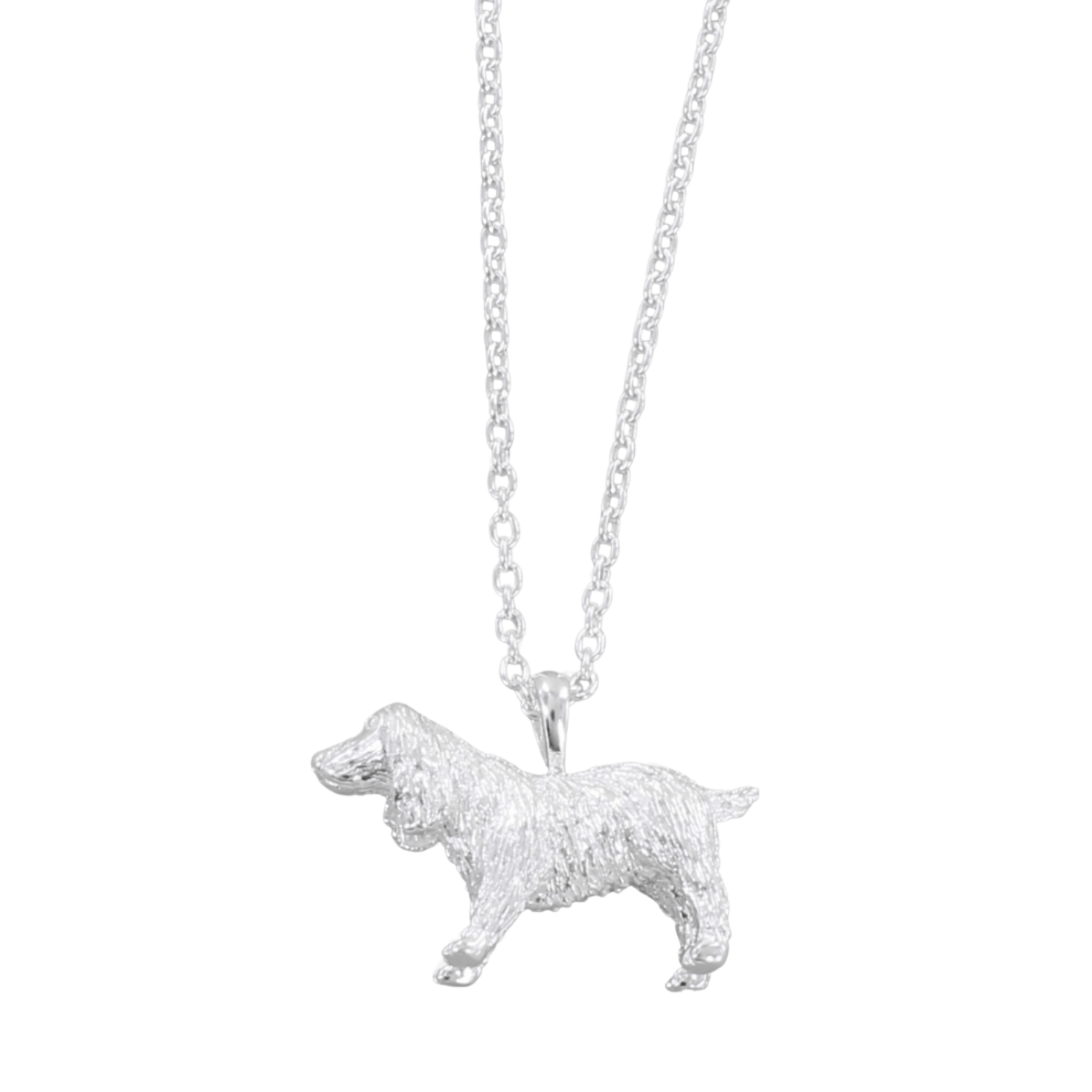 A sterling silver necklace featuring a pendant in the shape of a Spaniel dog, with an adjustable chain.