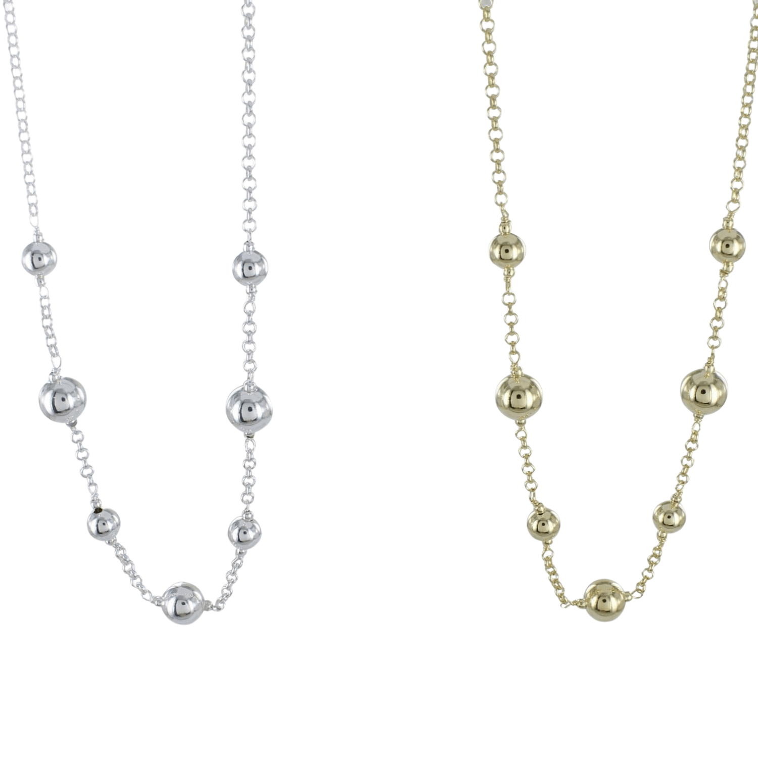 Two beaded chain necklaces, with varying size beads spread evenly along the chain. One in Silver and one in gold plate.