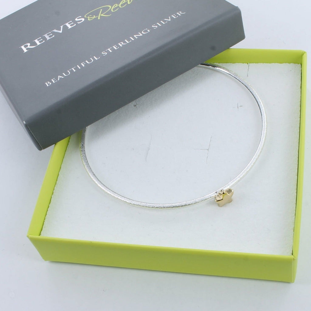 Thin matt silver bangle with an 18ct gold plate 3D star at the centre. Shown in a grey and green Reeves & Reeves branded gift box.