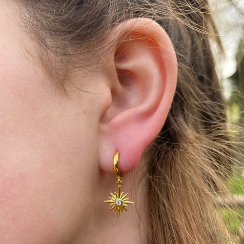 A sterling silver and gold plated hoop earring with a star hanging from the bottom which has a cubic zirconia in the middle and worn in a ladies ear.