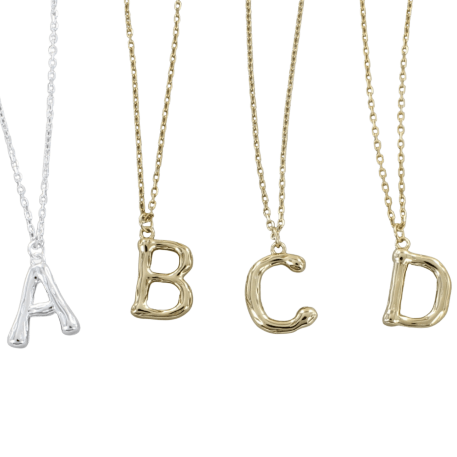Sterling Silver Initial Necklaces, in silver or gold plate, letters shown are 'a, b, c, d'. On adjustable chains, in silver or gold plate.