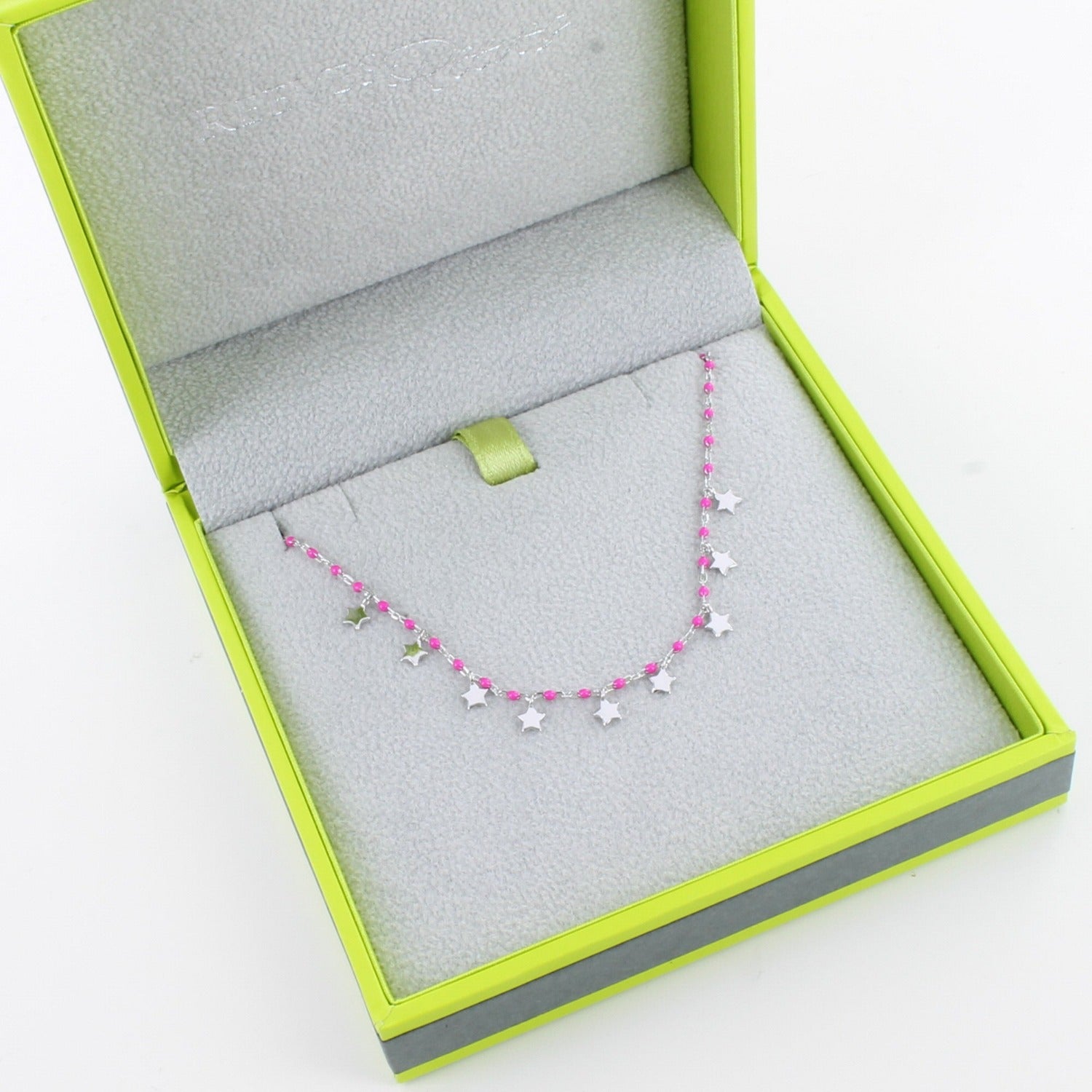 Sterling Silver pink enamel beaded chain necklace with silver star charms hanging off the chain. Shown in a Reeves & Reeves branded gift box.