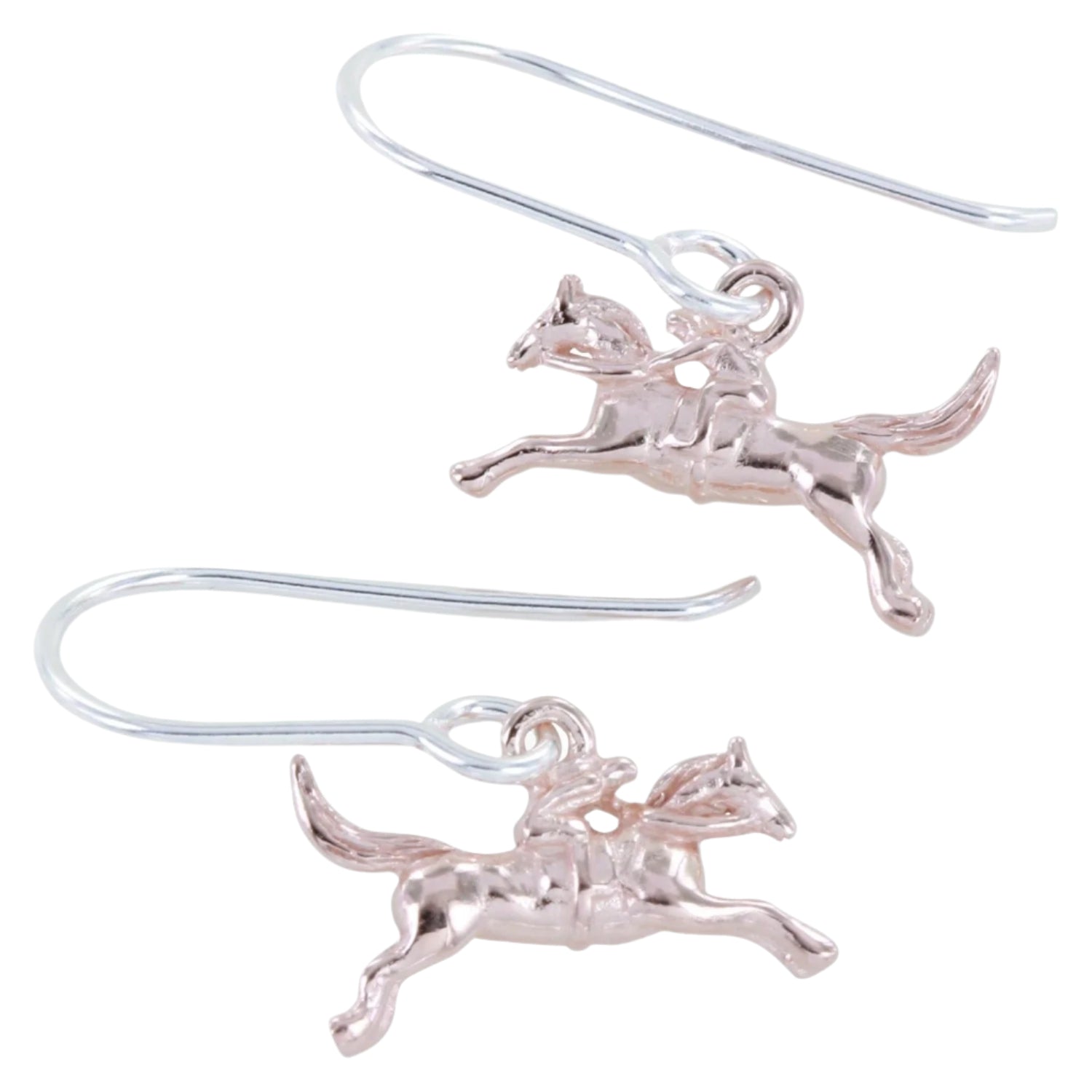 Sterling Silver and 18ct rose gold plated racing horse drop earrings hanging on silver hooks.