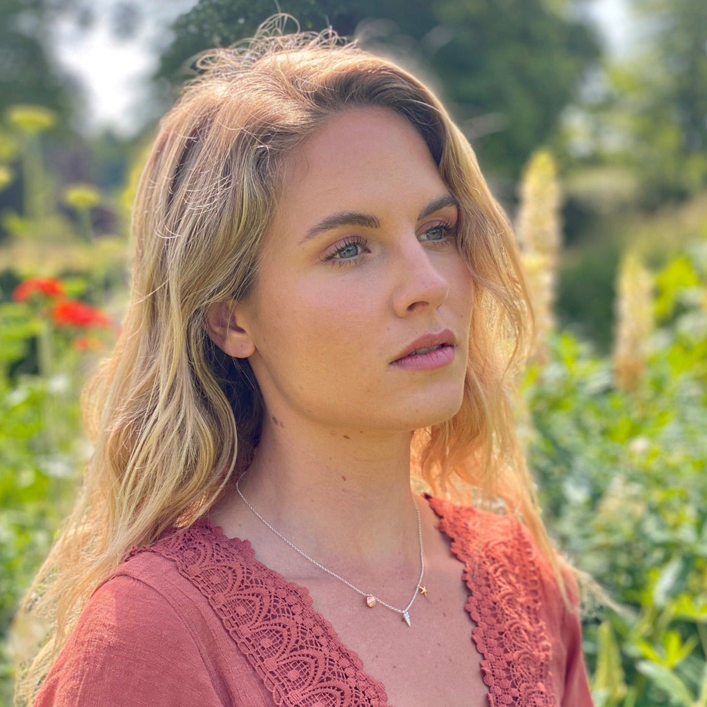 A Sterling Silver chain necklace with a silver conch shell, rose gold plated ammonite and yellow gold plated starfish charm, worn on a models neck.