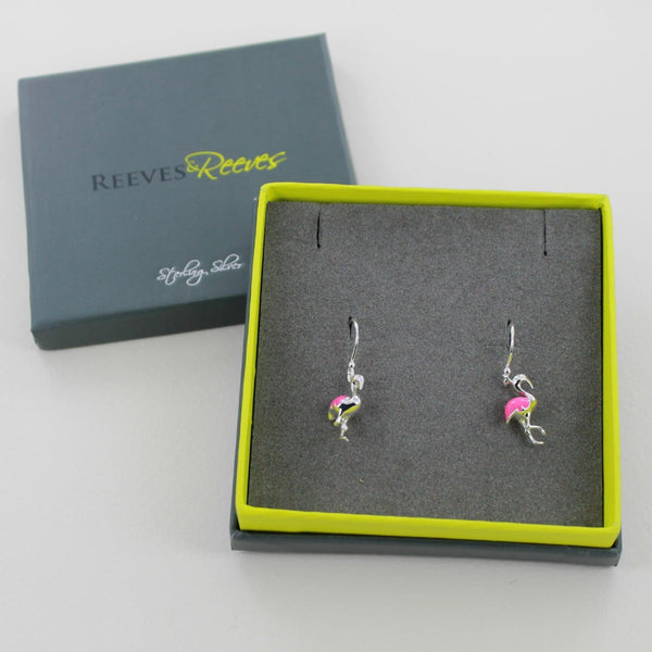 Sterling Silver and Pink Enamel Flamingo Drop Earrings - Reeves & Reeves