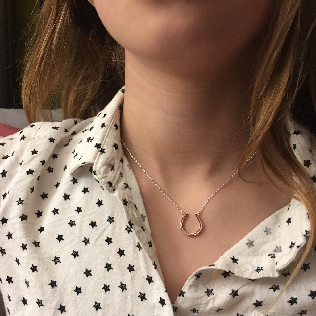 Sterling Silver and rose gold plate horseshoe necklace, hung centrally on a silver adjustable chain.