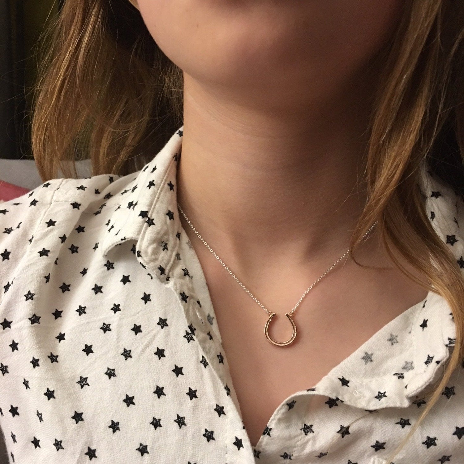 Sterling Silver and rose gold plate horseshoe necklace, hung centrally on a silver adjustable chain.