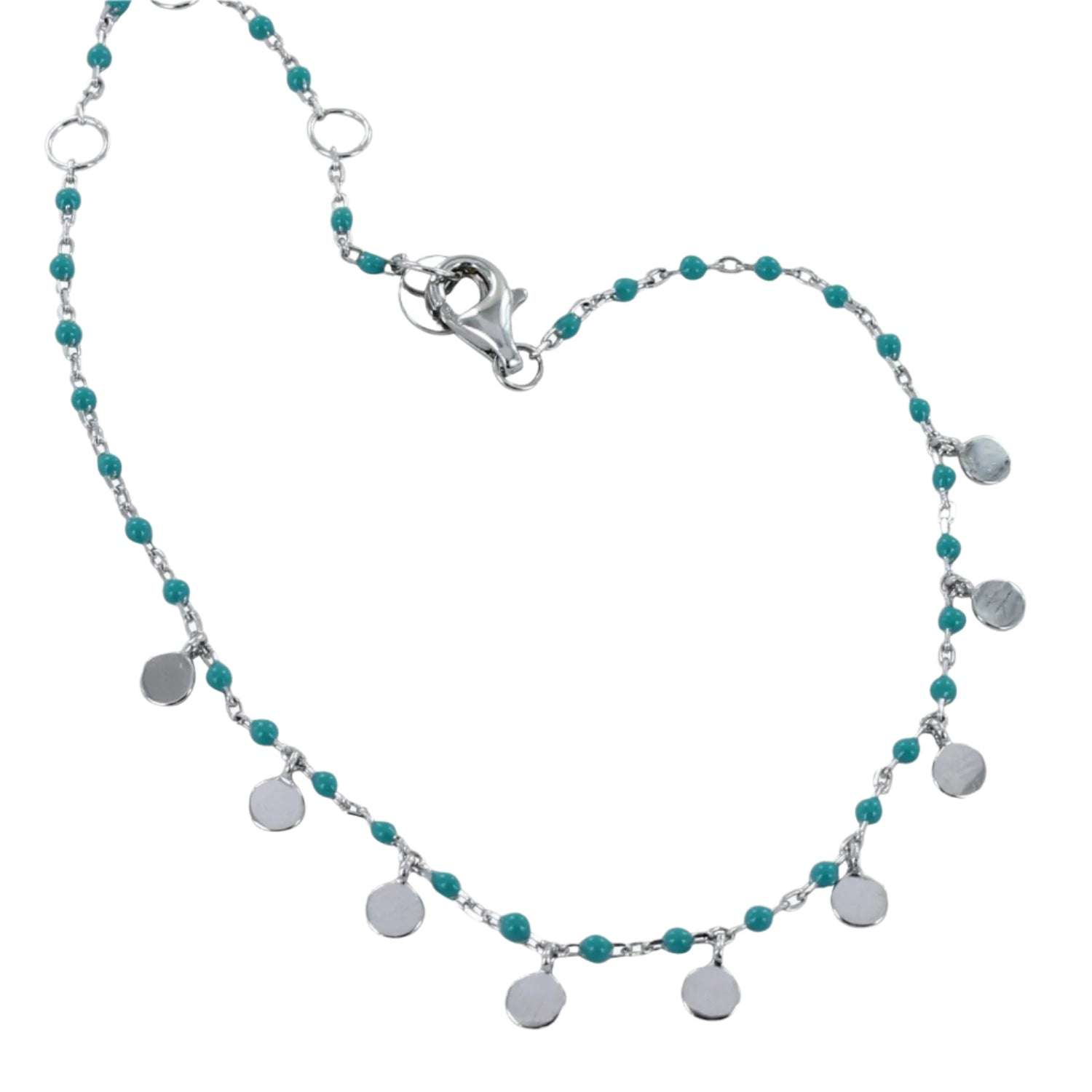 Fine chain Bracelet with turquoise beads and silver disc charms hanging from the chain. Finished with a lobster clasp.