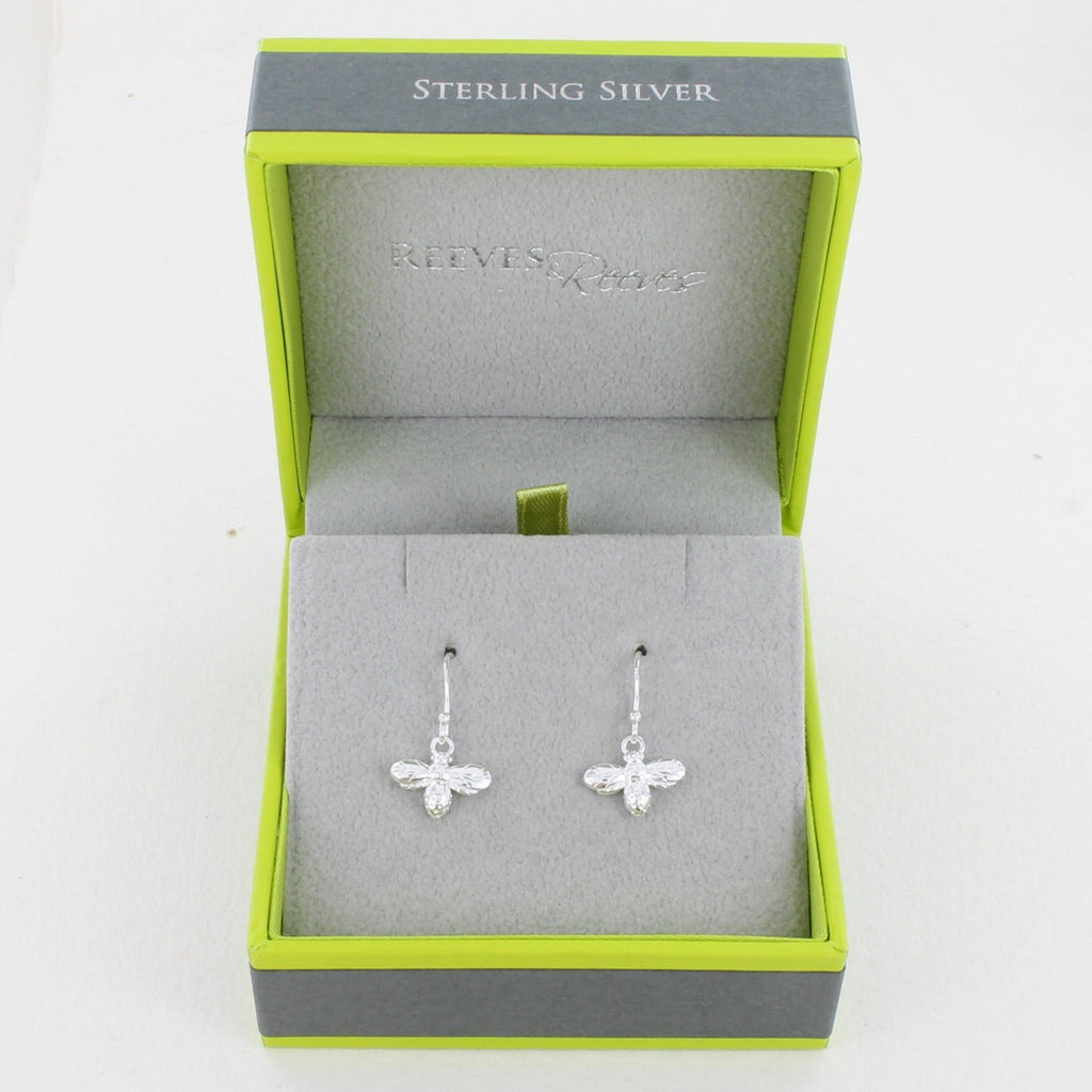 A pair of Sterling Silver Bumble Bee Drop Earrings, shown in a Reeves & Reeves gift box.
