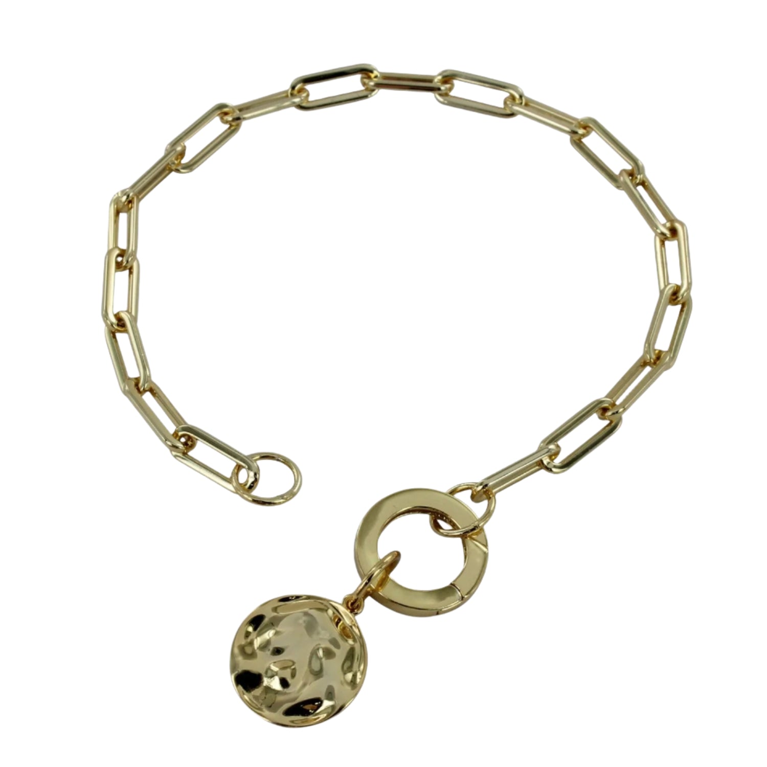 Sterling Silver and gold plated paperclip style bracelet with a circular clasp and a hammered high shine circle charm hanging from the clasp.