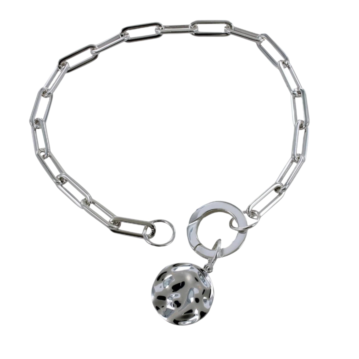 Sterling silver paperclip style chain with a circular clasp and a texture high shine disc charm hanging from the clasp.