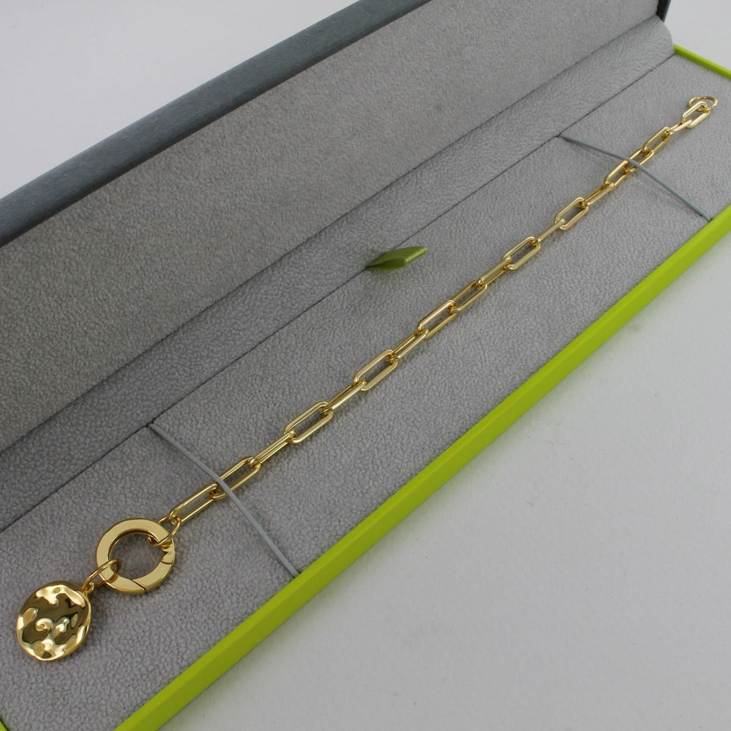 A gold plated paperclip style chain bracelet, shown in a Reeves & Reeves grey and green branded gift box.