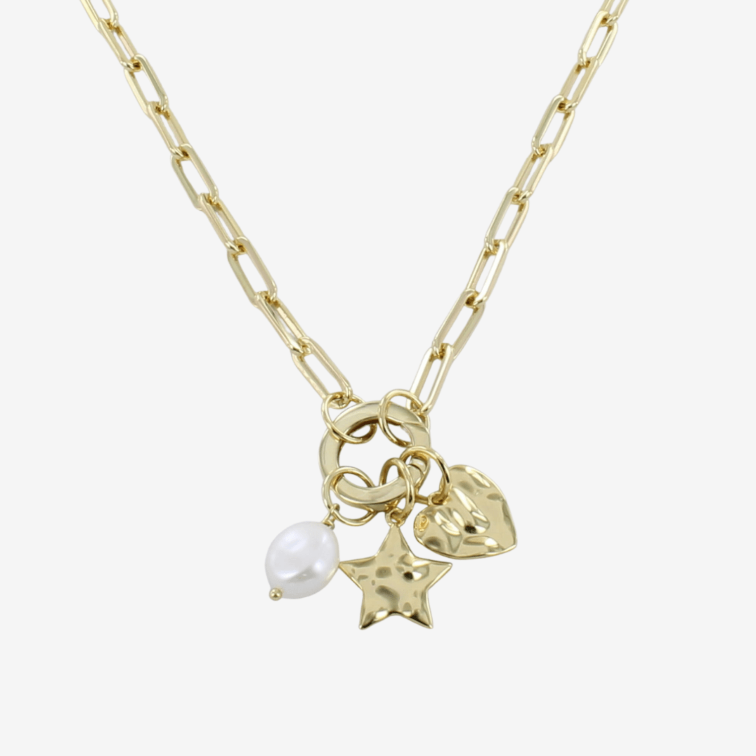 A gold plated paperclip style chain, with a circular clasp at the central feature. Three charms hang from the clasp, a hammered heart, hammered star and a freshwater pearl.