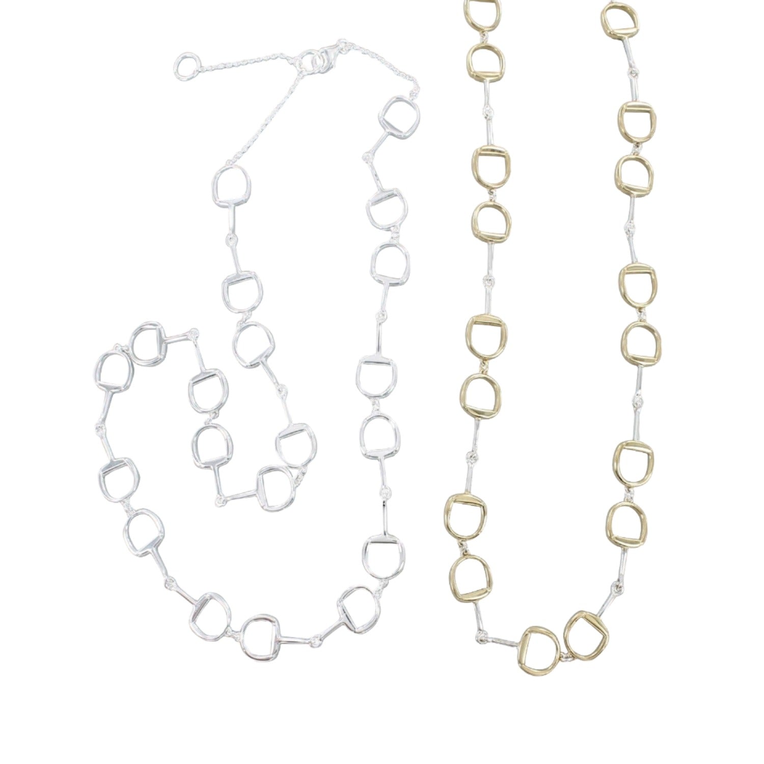 Two Continuous Snaffle Necklaces, one in silver or one in gold plate on adjustable chains.