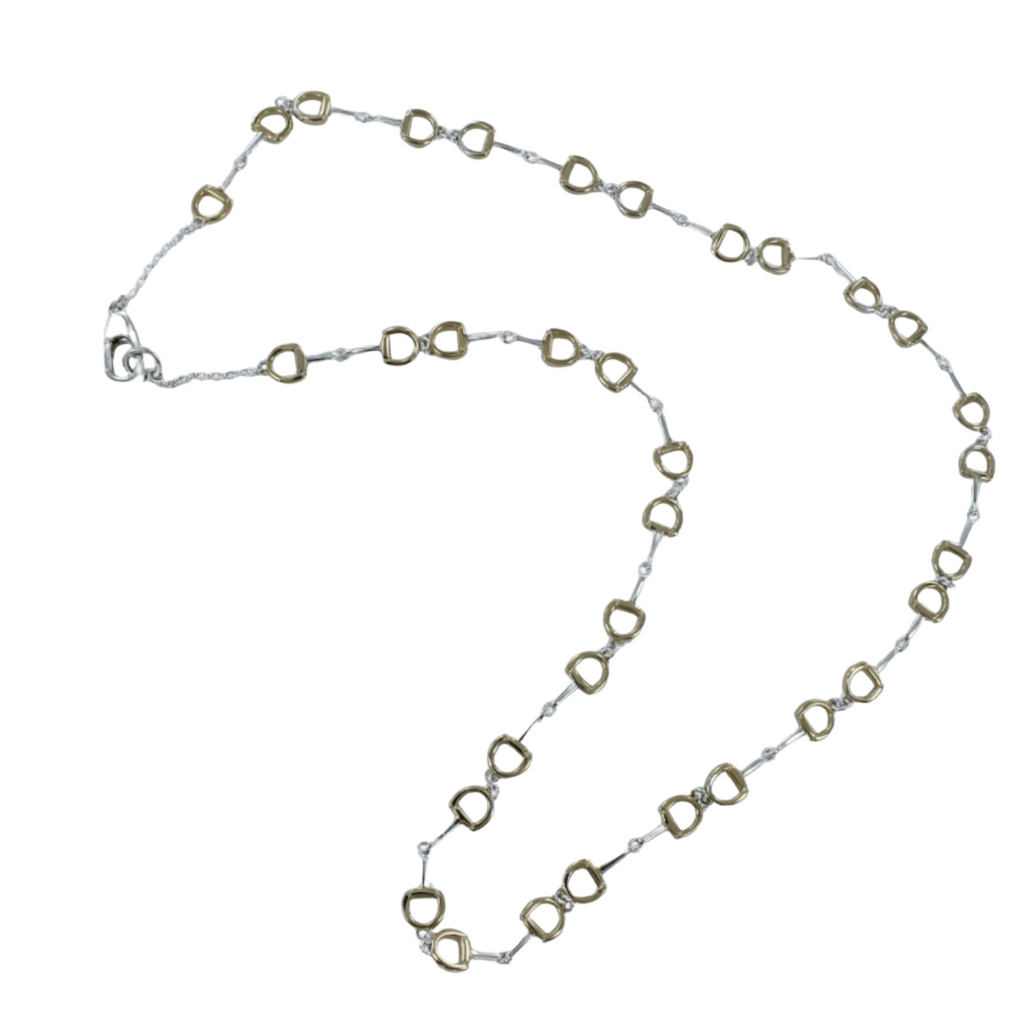 A sterling silver and gold plate necklace with interlocking snaffle bit sections, adjustable in length, with a lobster clasp.