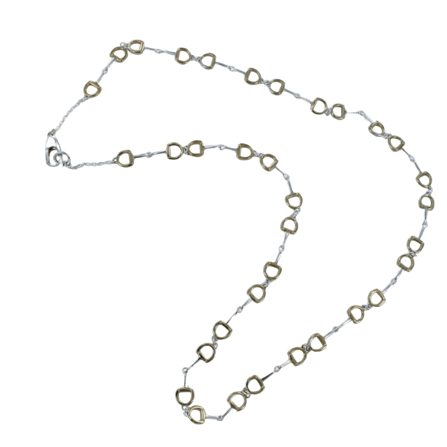 A sterling silver and gold plate necklace with interlocking snaffle bit sections, adjustable in length, with a lobster clasp.