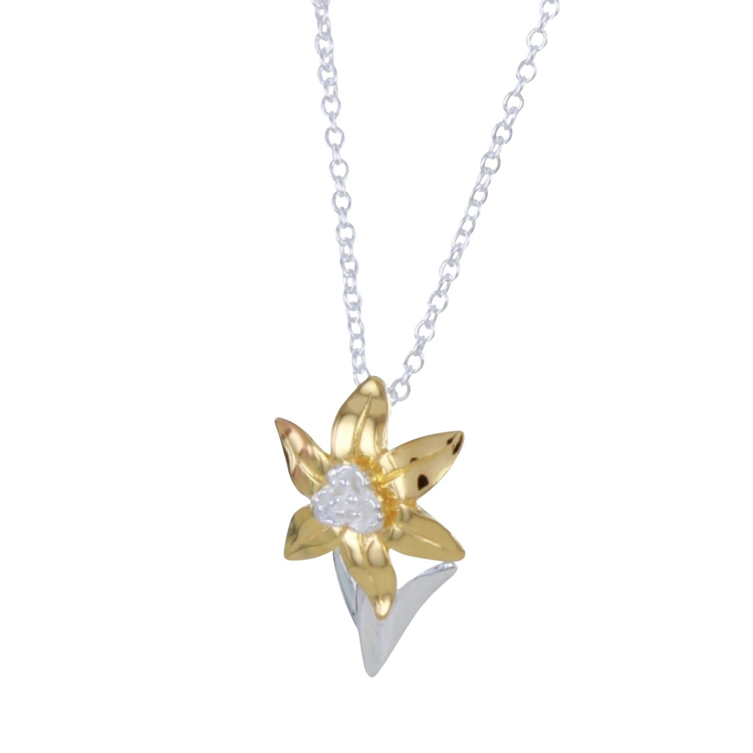 A sterling silver Daffodil Necklace with a daffodil pendant featuring 18ct gold vermeil accents, displayed on a white background.