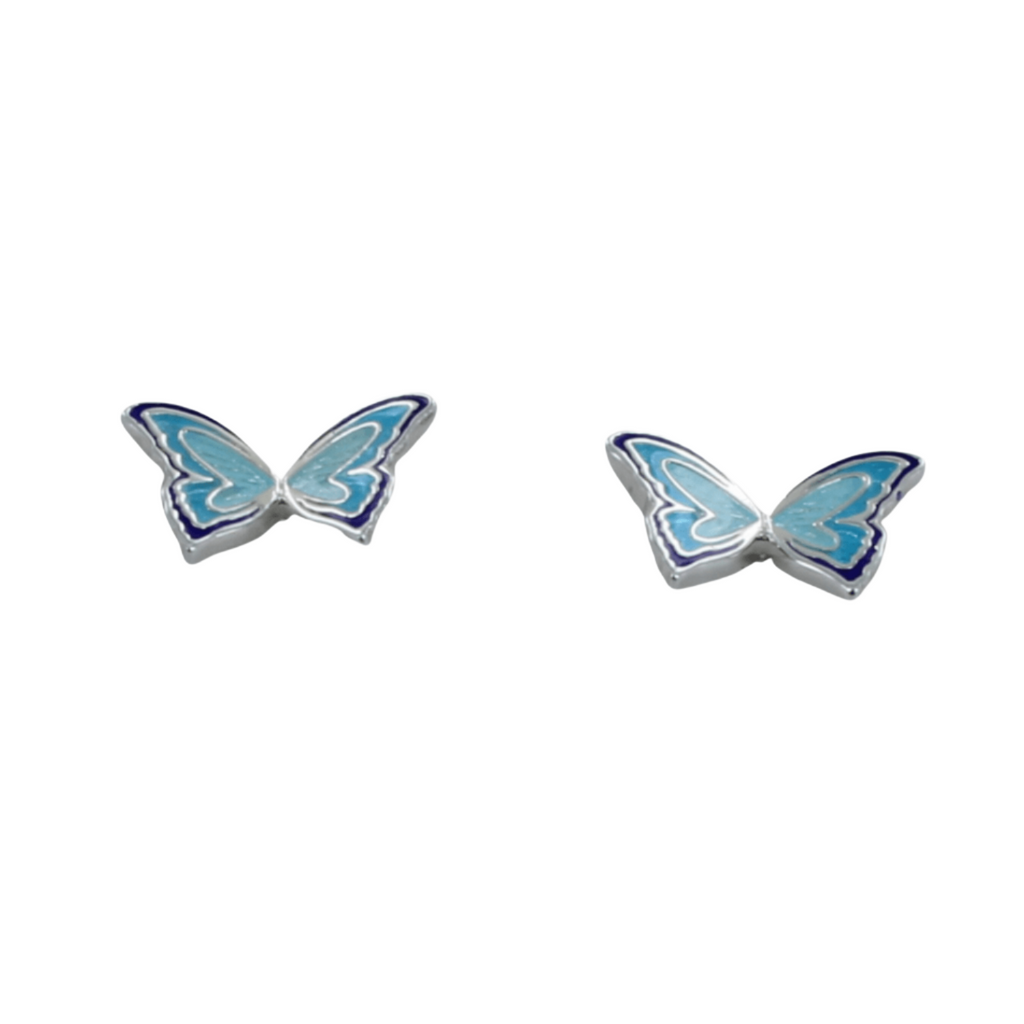 Sterling silver and blue enamel detail Butterfly stud earrings.
