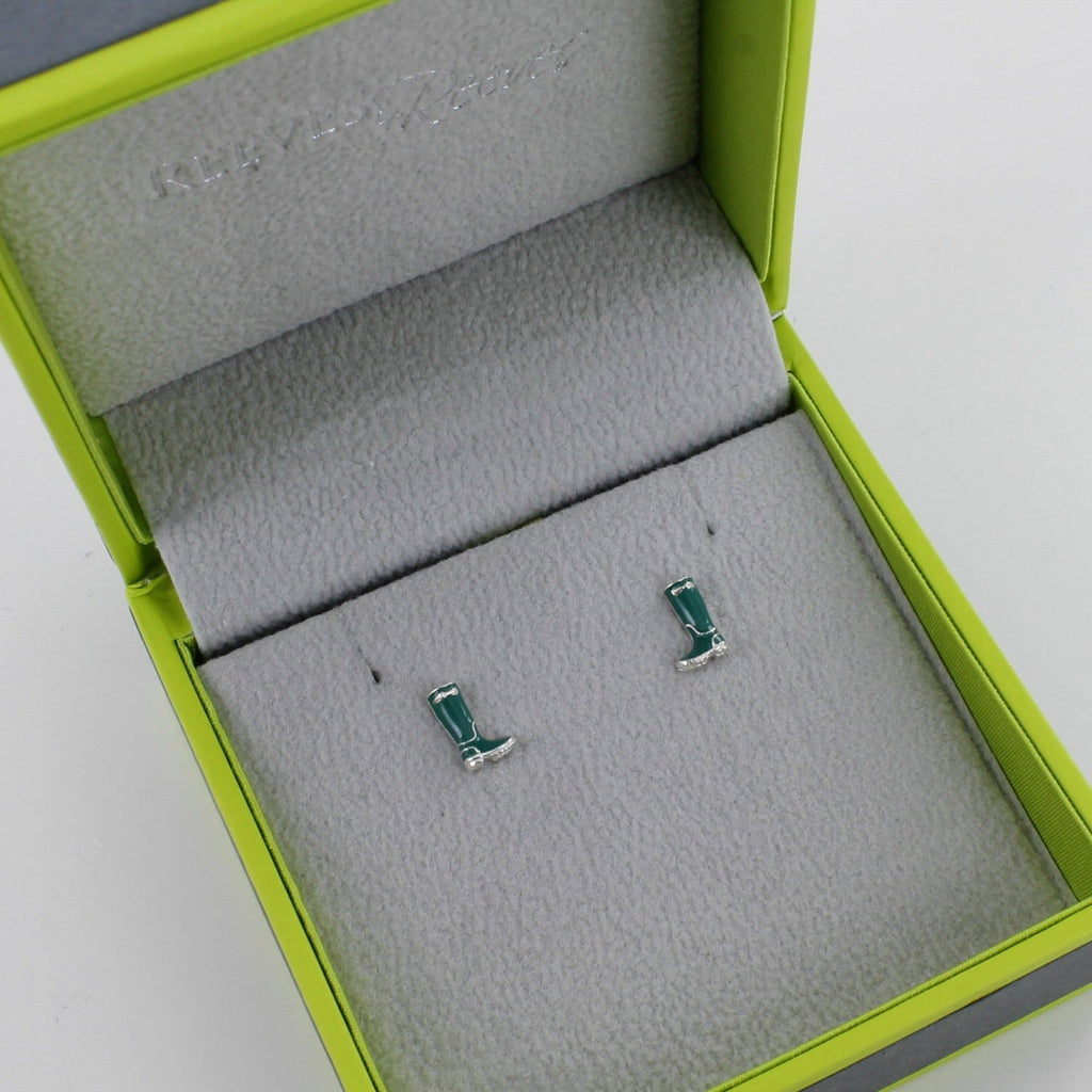 A pair of Sterling Silver Wellington Boot Stud Earrings, with green enamel detail and shown in a Reeves & Reeves gift box.