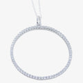A sterling silver circular outline pendant, filled with cubic zirconia stones and hung on a silver adjustable chain.
