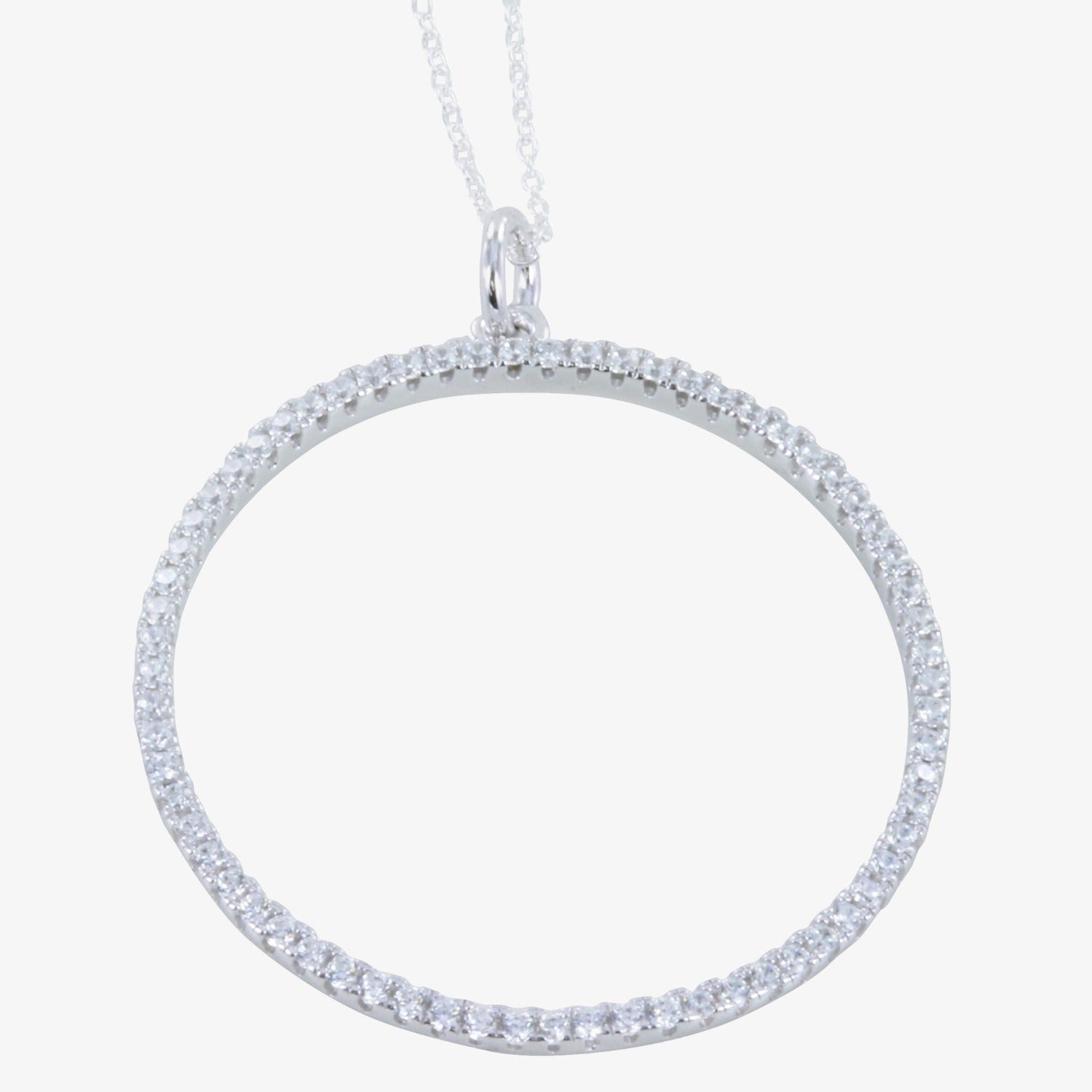 A sterling silver circular outline pendant, filled with cubic zirconia stones and hung on a silver adjustable chain.