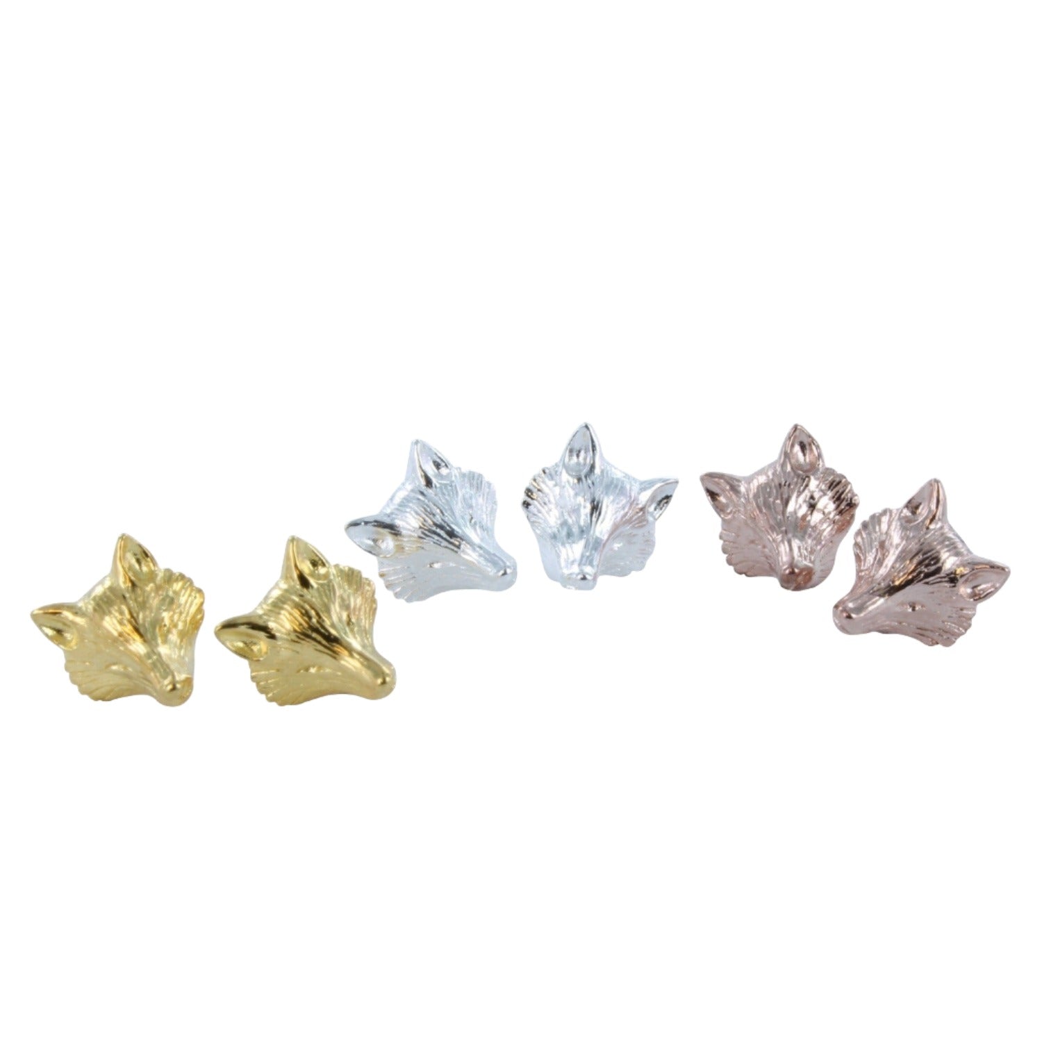 Three pairs of Fox Head Stud Earrings, one in sterling silver, one with 18ct yellow gold plate and one with rose gold plating.