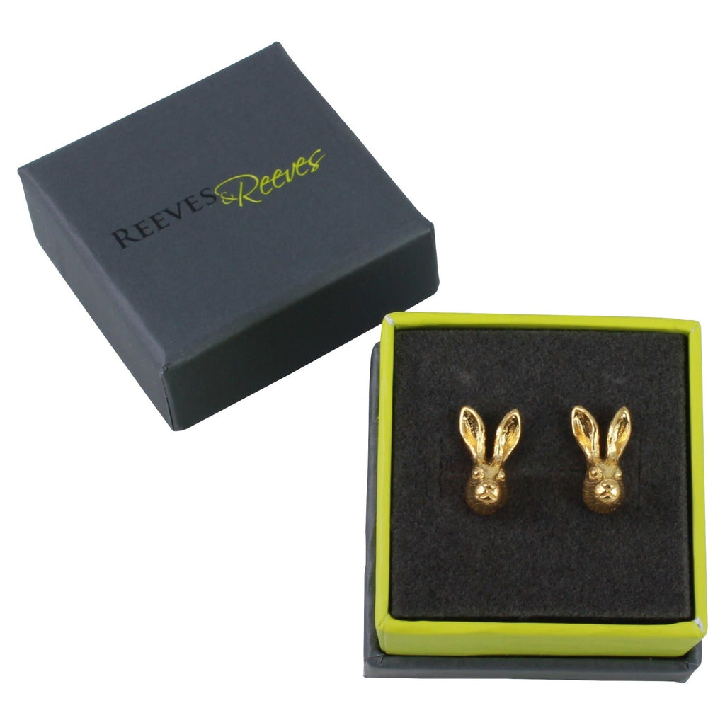 A pair of sterling silver Hare Stud Earrings in silver and 18ct gold plate, shown in a Reeves & Reeves gift box.