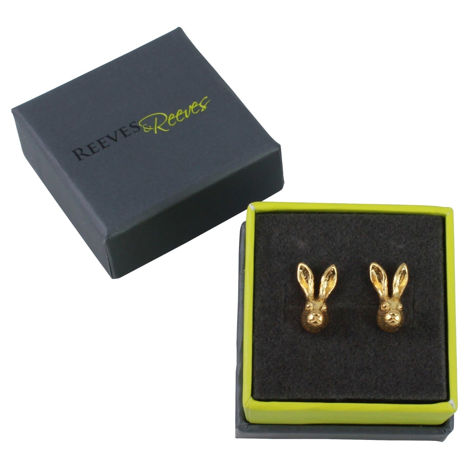 A pair of sterling silver Hare Stud Earrings in silver and 18ct gold plate, shown in a Reeves & Reeves gift box.