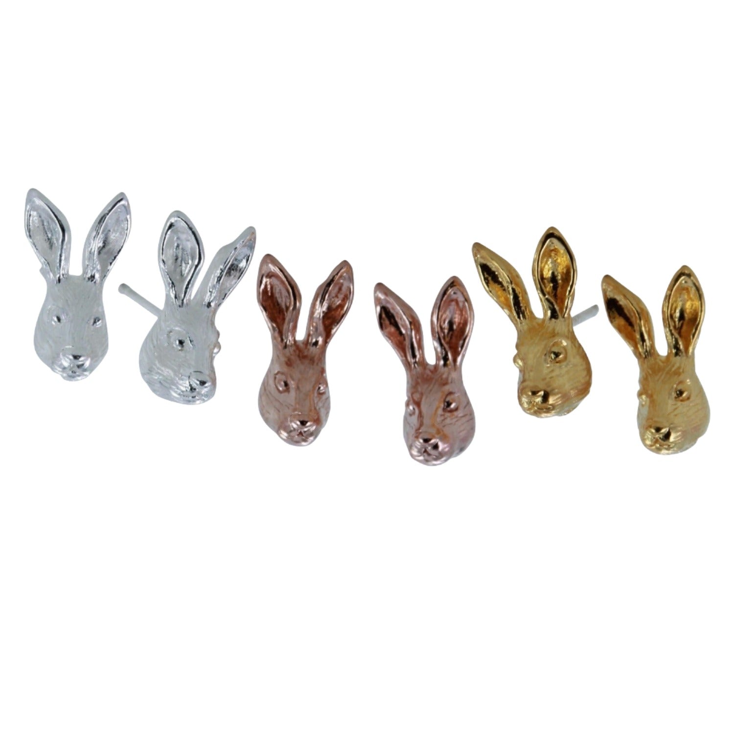 Three pairs of of Sterling Silver Hare Stud Earrings in silver or with 18ct yellow or rose gold plate.