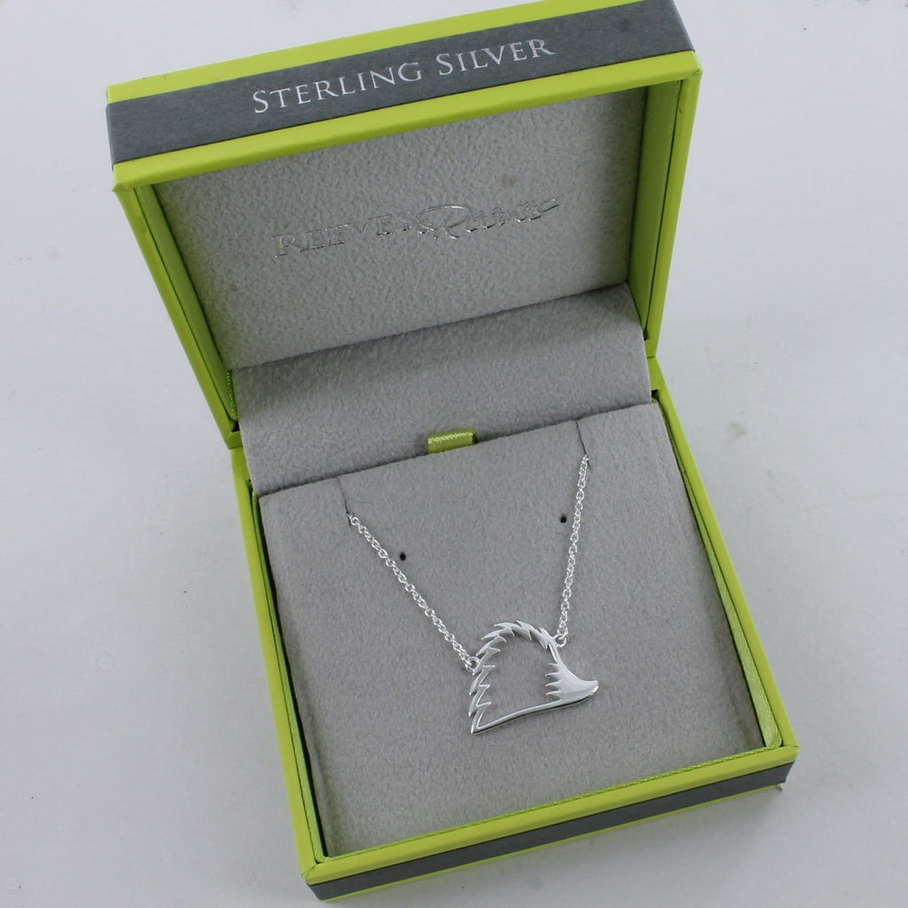 A sterling silver Hedgehog Silhouette Necklace, hung centrally on a silver adjustable chain and shown in a Reeves & Reeves gift box.