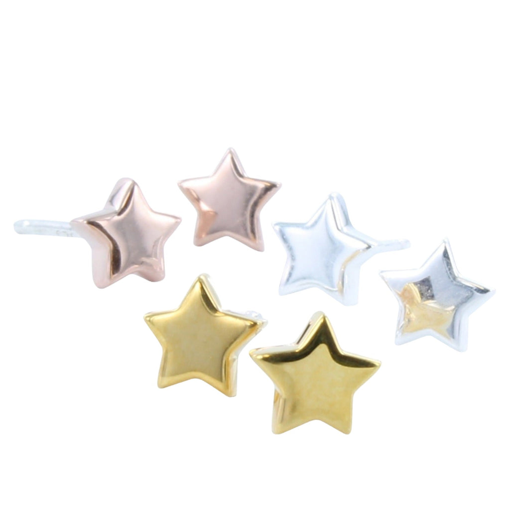 Three pairs of star stud earrings, in sterling silver and with 18ct yellow or rose gold plating.