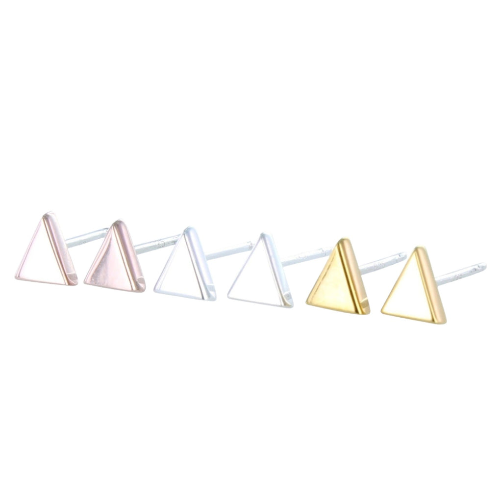 Three pairs of triangle stud earrings, sterling silver with 18ct yellow or rose gold finish.