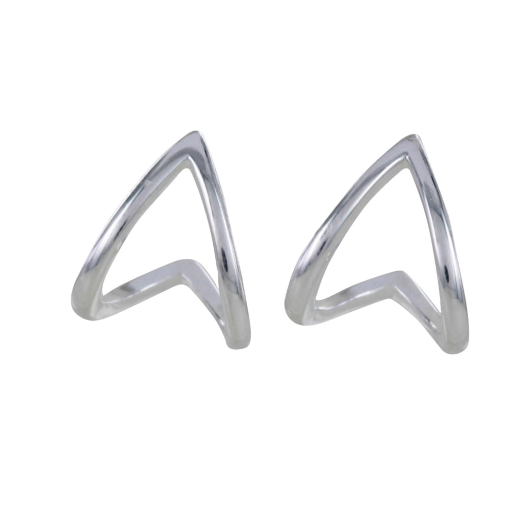 A pair of sterling silver huggie style earrings in a heart shape with a high shine finish.
