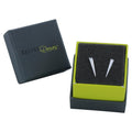 A pair of sterling silver iso triangle stud earrings, shown in a Reeves & Reeves gift box.