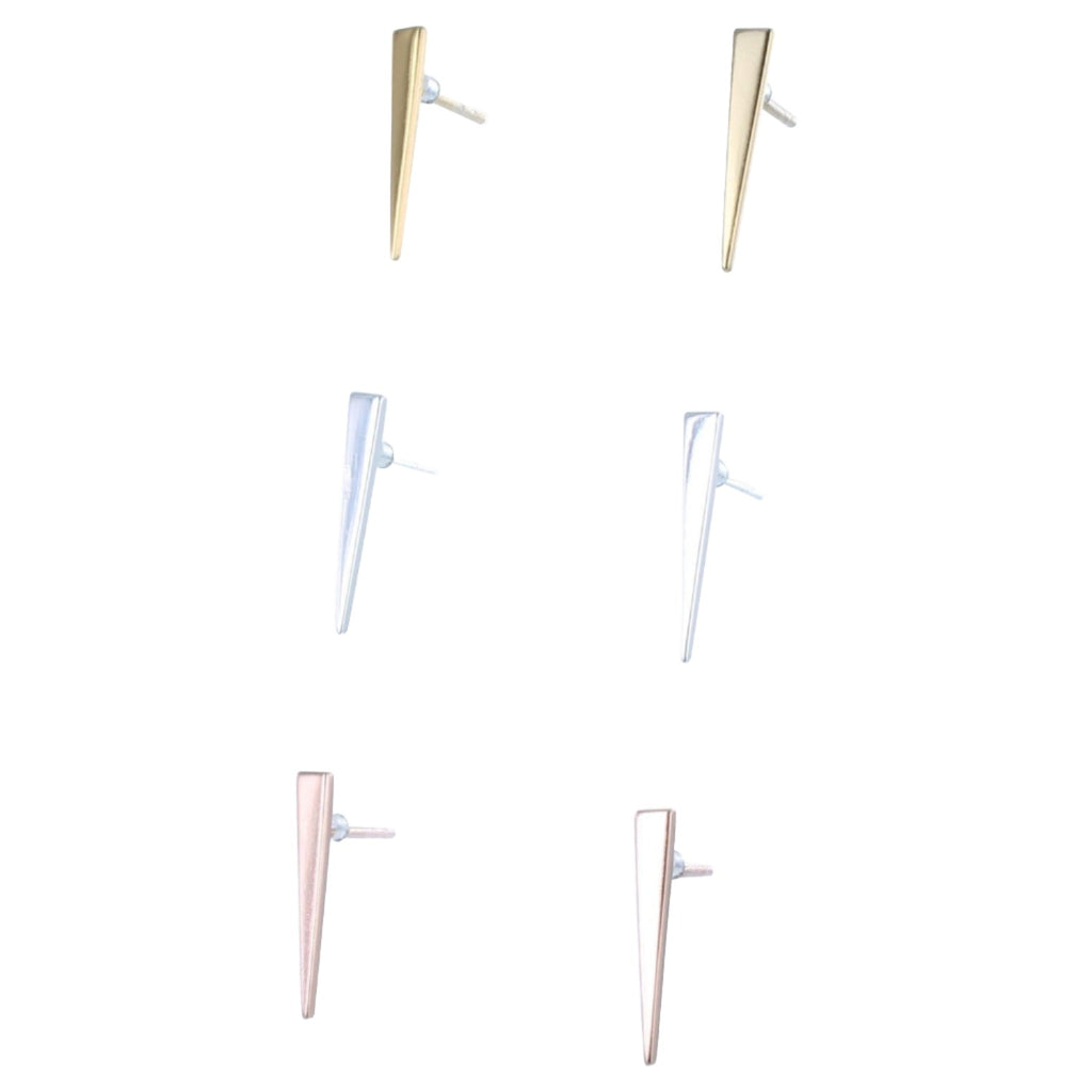 Three pairs of iso triangle studs, all in sterling silver and one pair with 18ct yellow gold plating and one with 18ct rose gold plating.