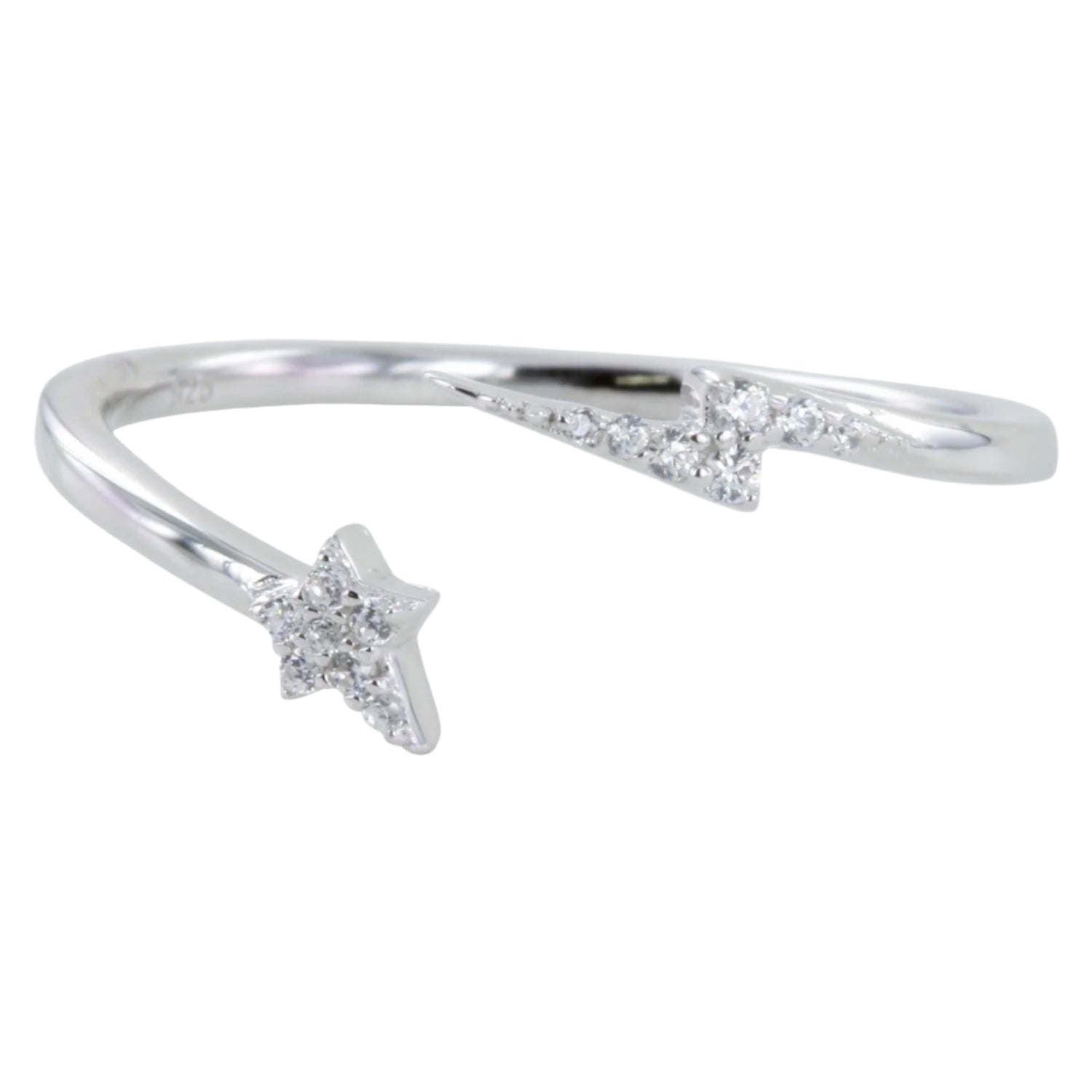 Silver adjustable band ring with a star at one end and a lightning bolt at the other, filled with cubic zirconia stones.