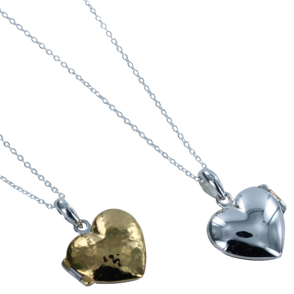 Two heart lockets on chains, one with a high shine finish and the other with a gently hammered texture, one in silver and one in gold plate hanging on silver adjustable chains.