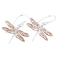 A pair of sterling silver Mayfly Earrings with 18ct rose gold plating and cut out wings. Hanging on silver hooks.