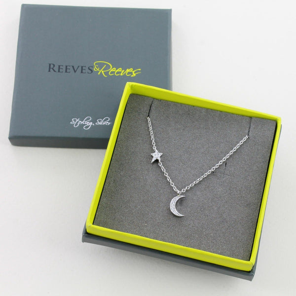 Sterling Silver Moon and Star CZ Necklace - Reeves & Reeves